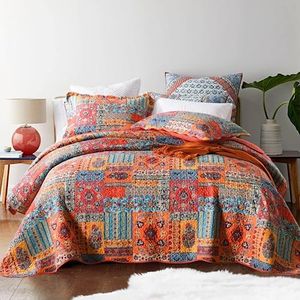 Qucover Dessus de Lits et Couvre-Lits 240x260, Couvre Lit Matelassé Coton pour 2 Personnes Patchwork Bohème avec 2 Taies d'oreiller, Couverture Courtepointe Grande Taille Mixte Couleur Oranges
