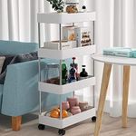 AEXONIZ TOYS Plastic Kitchen Storage Trolley Rack with Wheels, Rolling Utility Cart, Slide Out Storage Shelves Space Saving Home Storage Organizer Racks (White, 4 Layer)