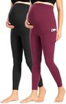 Enerful Women's Maternity Leggings Over The Belly with Pockets Pregnancy Pants Active Wear Workout Yoga Tights，Black Wine Red Large