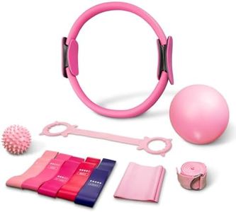 Pilates Ring Set 10 Pcs with Magic Circle, Exercise Ball, Home Pilates Equipment Kit for Women, Pilates Essentials with Resistance Bands, Yoga Strap, Massage Ball, Pink Full Body Workout Training Set