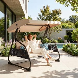 HugCoz 3 Seat Outdoor Porch Patio Swing with Stand & Canopy for Yard