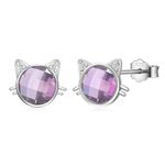 Sterling Silver Cat Stud Earrings for Women Girls, Hypoallergenic Silver Cute Cat Face Stud Earrings with Purple Cubic Zriconia Jewelry Gifts for Teens Kids