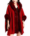 Hooded Cloak Faux Rabbit Fur Cape Coat Cardigan Poncho for Women Wool Warm,M-Red