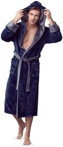 Lotus Linen Mens Plush Robe, Soft Hooded Long Robes for Men, Luxury mens bathrobes (US, Alpha, 3X-Large, Regular, Regular, Navy-Dark Grey)