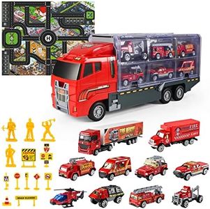 Hapavis Fire Trucks Toys for Boys 26 in 1 Carrier Truck Set with Playmat for Children Boys Kids 3 4 5 6 Years Old