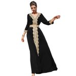 IBAKOM Abaya for Women Floral Lace Ethnic Moroccan Dress Muslim Dubai Attire Islamic Clothes Wedding Eid Ramadan Jalabiya, Black, Small