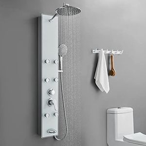 POPFLY Tempered Glass Shower Panel Tower System, 9" Adjustable Shower Arm Height, 304 Stainless Steel White Shower Panels Tower with 6 Massage Jet and Tub Spout