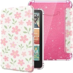 MoKo Case for 7" Kindle Paperwhite 12th Generation 2025/2026 & Kindle Colorsoft 2024/2025,Glitter Clear Kindle Case, Flexible Clear Soft TPU Back Cover Light Shell with Auto Wake/Sleep,Flower & Leaves
