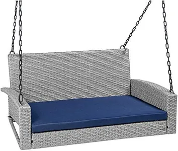 Best Choice Products Woven Wicker Outdoor Porch Swing, Hanging Patio Bench for Deck, Garden w/Mounting Chains, Seat Cushion - Gray/Navy