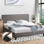 Oikiture 28cm Height King Size Bed Frame with Bed Head and Solid Wood Slats Mattress Platform King Bed Base Grey