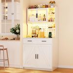 MDGC LED Kitchen Pantry Cabinet with Outlets, Farmhouse Storage Cabinet with Drawers & Adjustable Shelves, 64" Cupboard with Pegboard and Hooks for Dining Room (White)