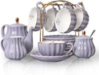 SWEEJAR Porcelain Tea Sets British Royal Series, 8 OZ Cups& Saucer Service for 6, with Teapot Sugar Bowl Cream Pitcher Teaspoons and Tea Strainer, Suitable for High Tea, Wedding, Party (Purple)