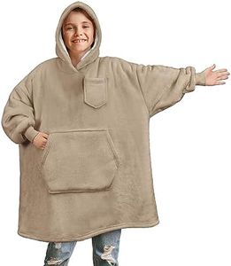 PAVILIA Wearable Blanket Sweatshirt for Kids Boy Girl Taupe Tan, Warm Cozy Giant Blanket Hoodie, Fleece Sherpa Oversized Blanket Sweatshirt with Sleeves, Big Pocket, Christmas Gift