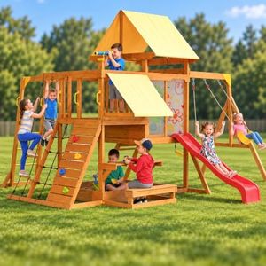 Wooden Swing Sets for Backyard, Outdoor Playground Playset with Monkey Bars, Slide, Dual Swings, Rock Wall, Rope Ladder, Climbing Net, Covered Play Deck, Picnic Table for Kids Ages 3-10