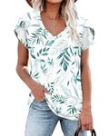 WNEEDU Summer T Shirts for Women Loose Fit Short Petal Sleeve Tops V Neck Basic Blouse Green Willow Leaves M