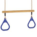 Rebo® Children’s Gymnastic Trapeze Bar with Gym Rings - Blue | OutdoorToys | Wooden and Plastic Replacement Trapeze Set for Kids Swing Sets and Climbing Frames