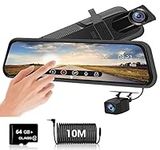 2 in 1 Front Rear 10" Full HD Touch Screen 1080p Mirror Dash Cam Car Security Reversing Camera Dashcam Van Video Recorder 170 Wide Angle Motion Detection G-Sensor Blackbox WDR Night Vision 64GB