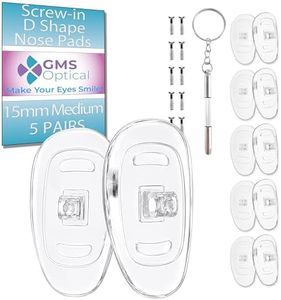 GMS Optical Screw-in Silicone Nose Pads for Glasses | 15mm Medium, 7.4mm Width | Non Slip Nose Grips for Sunglasses and Eyewear, Anti Slip Eyeglass Accessories w/Screws & Screwdriver (5 Pairs)