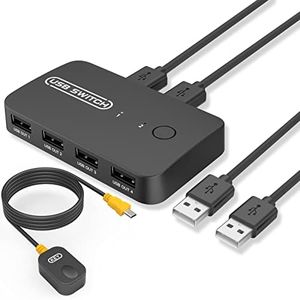 eppfun USB KVM Switch, USB Conmutador con control remoto, 2 Entradas y 4 Salidas para 2 PCs, para Teclado, Ratón, impresora, Escáneres (Admite adaptadores de audio USB)