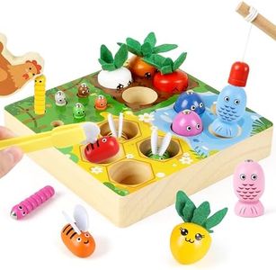 MilliGlee Juguetes Montessori 2 3 4 Años, Juguetes Juego de Pescar 2 3 4 5 Años Juegos,4-IN-1 Educativo Juguetes Madera Stem Regalo para Bebés Niño Niña