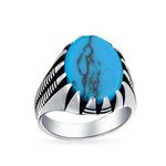 Personalized Men's Animal Claw Set Large Oval Cabochon Gemstone Blue Created Turquoise Signet Statement Western Ring For Men Oxidized .925 Silver Handmade In Turkey Customizable