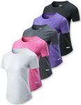 5 Pack: Women's Dry Fit Short Sleeve T Shirts, Athletic Workout Tee Tops for Gym Yoga Running, Heather Pink/Light Gray/Charcoal/Lavender/Black, Medium