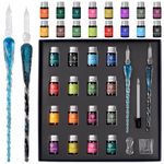 AIVN Glass Dip Pen Set - 19 Pieces of Calligraphy Pens Set. Includes 2 Glass Pens, 14 Bottle Inks, Pen Holder, Cleaning Cup and Introduction Booklet