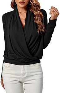 LYANER Women's Casual V Neck Cross Wrap Long Sleeve Solid Blouse Shirt Top, Black-1, Medium