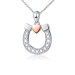 S925 Sterling Silver Lucky Horseshoe with Rose Gold Love Heart Pendant Necklace,18 inches Chain