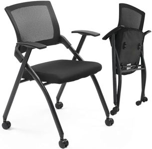 HAOYYE Stackable Folding Office Chair with Wheels, Padded Seat and Rebound Back, Black PU Upholstery Metal Frame, Conference Guest Training Room Chair Supports 350lbs (Black, 23.6" x 24.8" x 34.4")