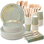 350pcs Sage Green Party Supplies, Disposable Paper Dinnerware Sets Include 50 Dinner Plates, 50 Dessert Plate, 50 Napkins, 50 Cups, 150 Cutlery for 50 Guests Birthday Baby Shower Wedding Holiday Party