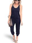 REORIA Women Summer Casual Sleeveless Jersey Jumpsuits Elastic Waist Loose Jumpsuit Rompers with Pockets Navy Blue Large
