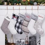 GEX Personalized Custom Name Christmas Stockings Family Buffalo Plaid Rustic Grey Cotton Embroidered 20" Farmhouse Xmas Holiday Party Decoration(6 Pack)