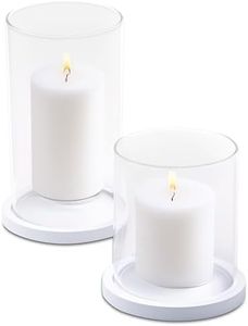 WHOLE HOUSEWARES Glass Candles Holders with Wooden Base - Tall Glass Hurricane Candle Holder - for Wedding Centrepieces - Table Decorations - Set of 2-4.3x3.9 and 6.2x3.9 (White)