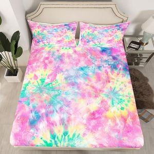 Erosebridal Kids Tie Dye Pink Fitted Sheet Batik Bedding Set for Children Boys Girl Women Watercolor Psychedelic Fitted Bed Sheets Ultra Soft Queen Size, with 2 Pillow Cases(No Top/Flat Sheet)