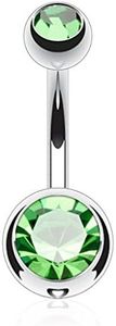 FIFTH CUE 14G Grade 23 Solid Titanium Double Gem Ball Naval Belly Button Ring (1/2" (12mm) 5 & 8mm Green)