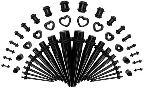 48PCS Acrylic, Silicone Ear Stretching Kit: Lightweight Tapers, Heart Tunnels & Plugs for Starter Expanders | Body Piercing Jewelry Earring Gauges Gauging Set for Men, Women (Size: 14G-0000G, Black)