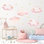 Clouds and Stars Wall Stickers, Pink Removable Wall Mural Stickers Cloud Wallpaper Stick and Peel Vinyl Wall Art Decals for Kids Baby Nursery Bedroom Living Room Home Decor Gift