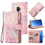 UEEBAI Wallet Case for Samsung Galaxy S9 Plus, PU Leather Case Magnetic Closure Handbag Zipper Pocket Case Kickstand Card Slots with Hand Strap Marple Flip Case for Women - Pink Purple