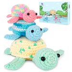 Crochetta Crochet Kit for Beginners, Beginner Crochet Kit for Adults with Step-by-Step Video Tutorials, DIY Crochet Animal Kits Kids Knitting Supplies, 3 Pack Turtle Family (40%+ Yarn)