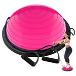 DrfzCa Balance Ball Trainer-Half Ball for Yoga with Resistance Band and Foot Pump, Improve Workout Half Balance Ball,Exercise Balance Ball for Stability Training and Home Gym (red rose)