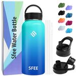 Sfee Insulated Water Bottle, 32 oz Stainless Steel Water Bottle with Straws&3 Lids, Wide Mouth Double Wall Vacuum Metal Water Bottle Leak-Proof BPA Free Sports Water Bottle+ Cleaning Brush (Lblue)