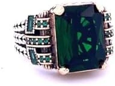 DALMARKT 925 Sterling Silver Emerald Ring for Men - Handmade Vintage Statement Emerald Green Stone Rings, Handcrafted Turkish Men Rings, Dainty Gift for Men