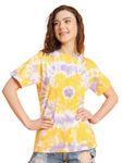 THE DRY STATE Womens Yellow Colour Oversize Fit Tie-Dye Half Sleeves Round Neck Tshirt