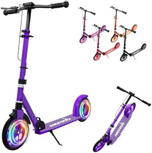 MEE GOO Foldable Kick Scooter for Kids & Teens with Shock Absorption, Adjustable Handlebar Height, LED Light, Dual Brakes (Hand + Rear), 8" Wheels, Non-Slip Deck, Up to 100kg（220lbs） (Purple)