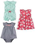 Simple Joys by Carter's Baby Girls' 3-Pack Romper, Sunsuit and Dress, Mint Green Cherry/Navy Stripe/Pink Floral, 24 Months