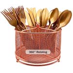 DysanVica 360 Rotating Metal Utensil Caddy - 4 Compartment Silverware Cutlery Holder Fork Spoon Napkin Organizer Flatware Storage Basket Party Countertop Buffet Picnic Camping Outdoor Rose Gold Pink