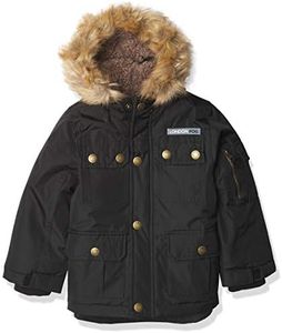 LONDON FOG Boys' Warm Winter Coat Parka with Cozy Trimmed Hood, Black Solid Radiance, 7