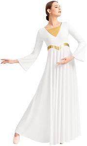 Sanmsoner Women Praise Dance Dress Metallic Bell Long Sleeve Liturgical V-Neck Dancewear Worship Costume (238103-07-M)