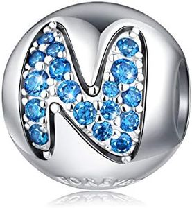 FOREVER QUEEN Alphabet Charm Initial Charm Letter N Charm Bead in 925 Sterling Silver with 5A Blue CZ fit Charms Bracelet Necklace for Birthday Fashion Women Boy Men Gifts